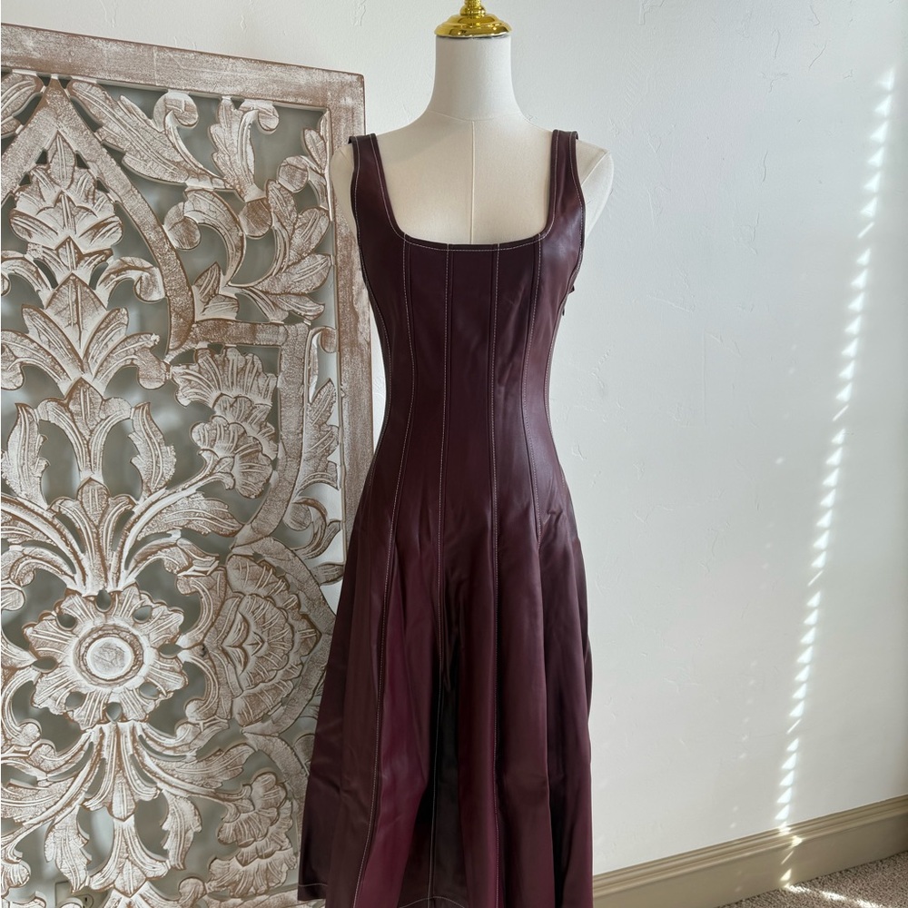 Staud Wells midi dress in burgundy faux leather